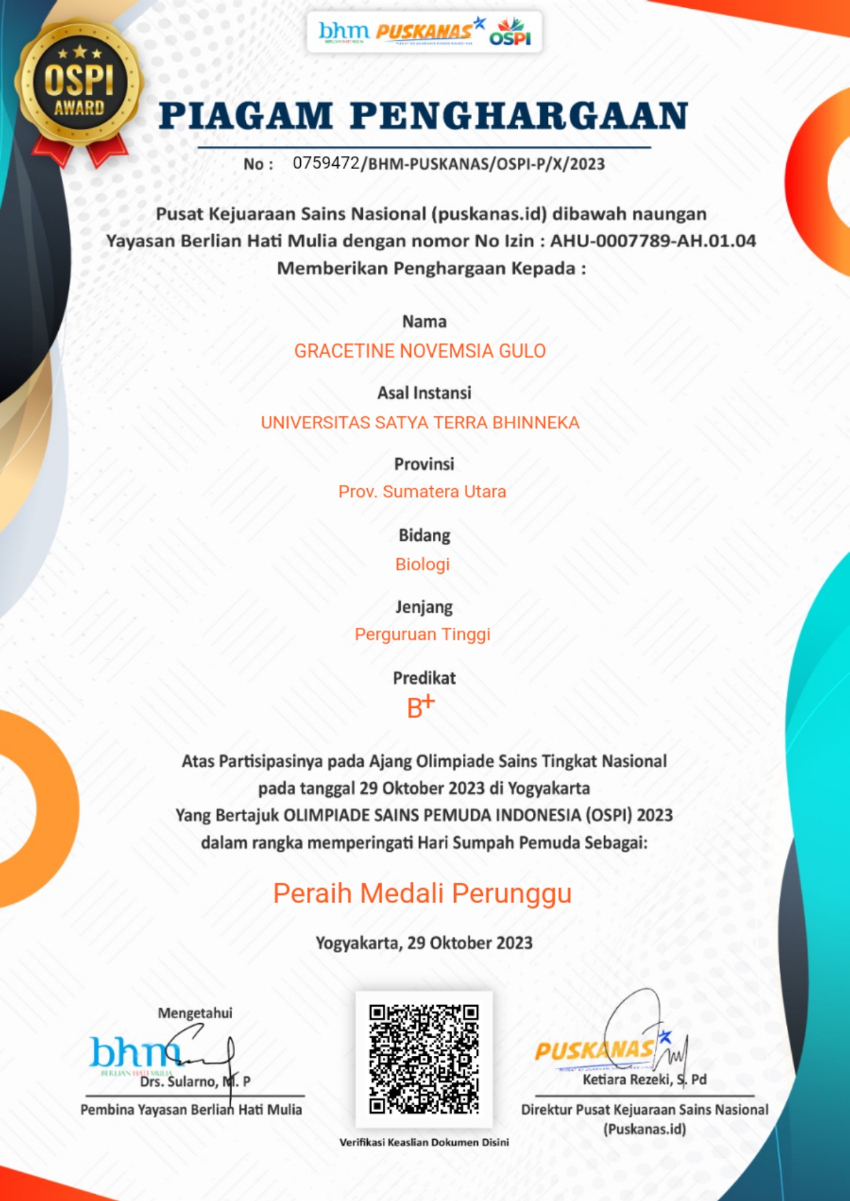 Dokumen prestasi Gracetine Novemsia Gulo