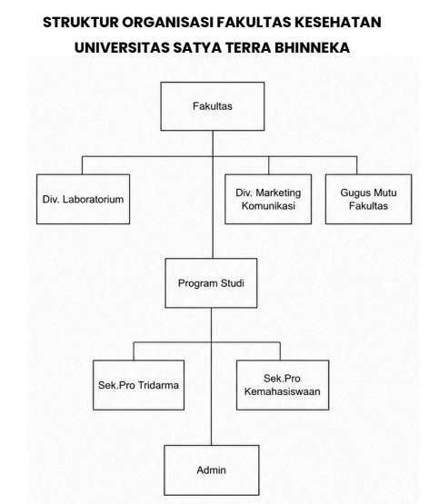 Bagan struktur organisasi: Fakultas membawahi Div. Laboratorium, Div. Marketing Komunikasi, Gugus Mutu Fakultas, dan Program Studi. Program Studi membawahi Sek.Pro Tridarma, Sek.Pro Kemahasiswaan, dan Admin.